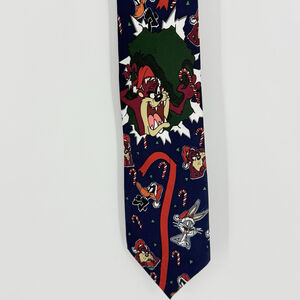 Vtg. 1995 Looney Tunes Mania Taz Daffy Xmas Tie Bugs Bunny Necktie Hip